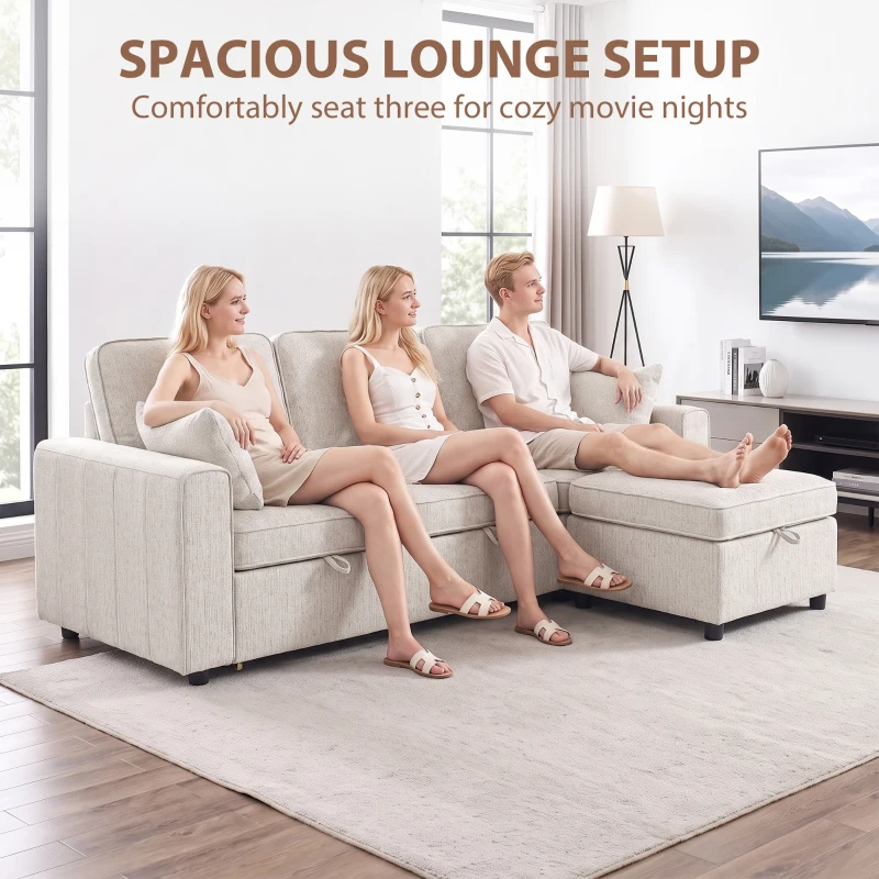 HOMCOM Modular Sectional Sofa Bed with Reversible Storage Ottoman, Pull Out Sleeper Sofa with Spring Cushion, Beige
