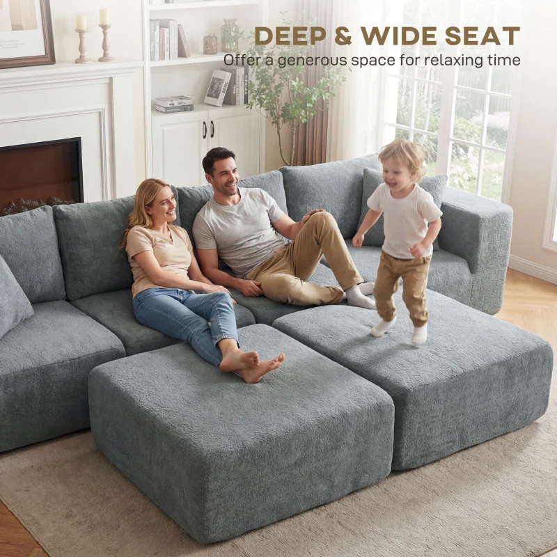 HOMCOM Modular Sectional Sofa, Boneless U-Shape Sectional Couch with 2 Ottomans, Dark Gray