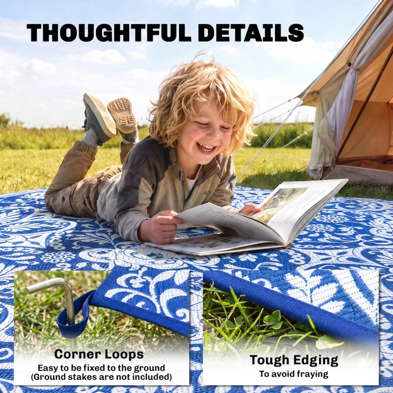 Outsunny Outdoor Rug for Patio, 9' x 12' Waterproof Large Mat, Reversible Plastic Straw Rug for Decor, Portable Outside RV Camping Area Carpet Mat for Backyard Porch Deck Picnic, Blue & White Floral
