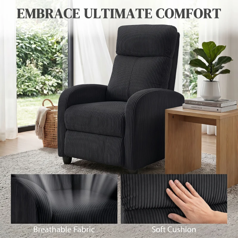 HOMCOM Corduroy Home Theater Seating, Push Back Recliner Chair with Padded Seat for Living Room, Black