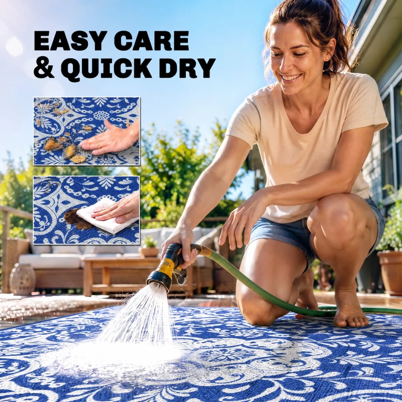 Outsunny Outdoor Rug for Patio, 9' x 12' Waterproof Large Mat, Reversible Plastic Straw Rug for Decor, Portable Outside RV Camping Area Carpet Mat for Backyard Porch Deck Picnic, Blue & White Floral