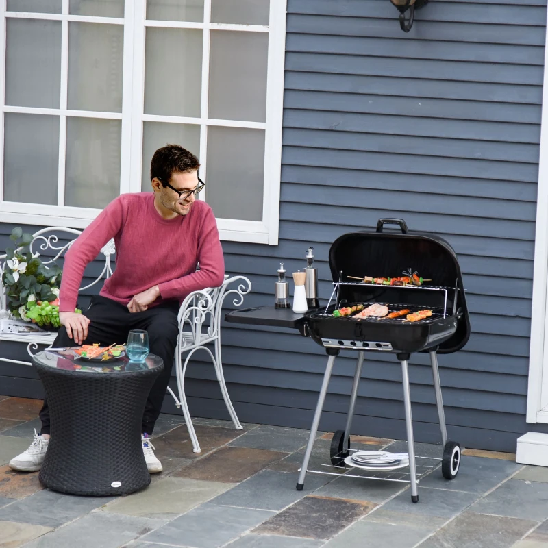 Outsunny Charcoal BBQ Grill with Warming Rack & Storage Side Table, Portable Barbecue Smoker, 89 x 60 x 83 cm, Black
