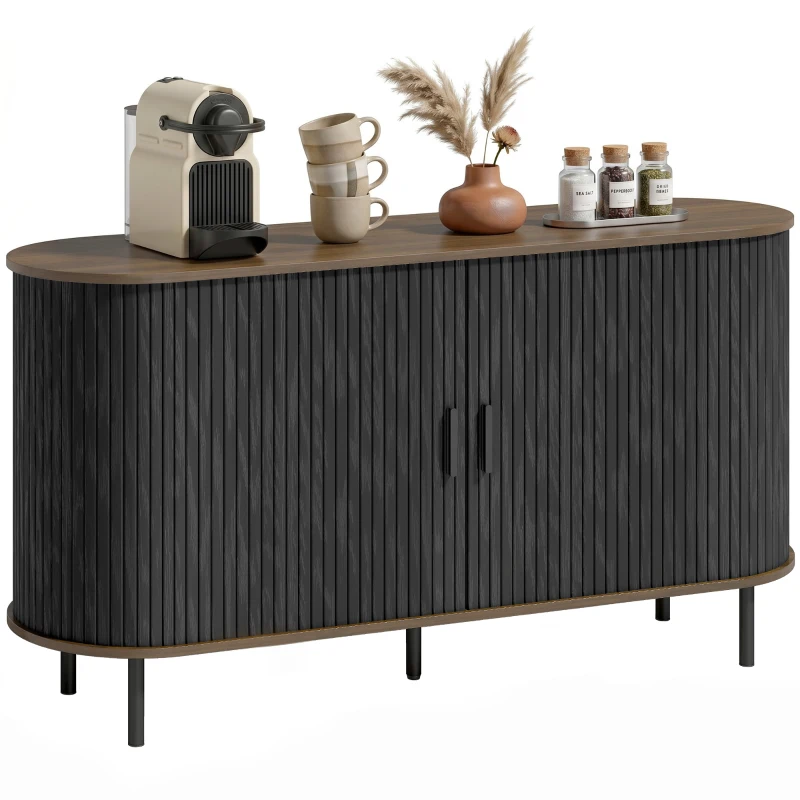 HOMCOM Fluted Sideboard Buffet Cabinet, 55" Mid Century Coffee Bar Cabinet with Sliding Doors and Adjustable Shelves, Black