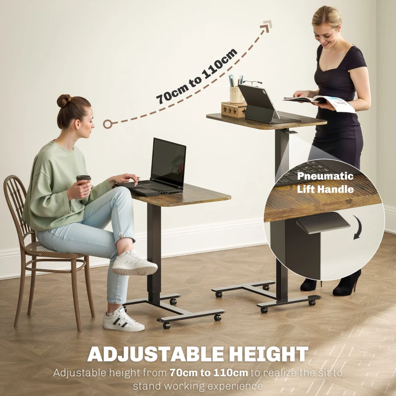 HOMCOM Pneumatic Standing Desk Adjustable Height, Mobile Stand Up Desk with Wheels, 43 Inch Rolling Table, Rustic Brown