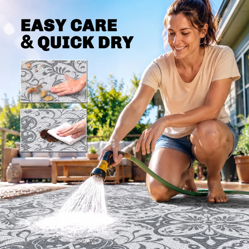 Outsunny Portable Outdoor Rug with Carry Bag, 9' x 12' Reversible Mat, Waterproof Plastic Straw RV Rug for Backyard, Deck, Picnic, Beach, Camping, Gray & White Flower