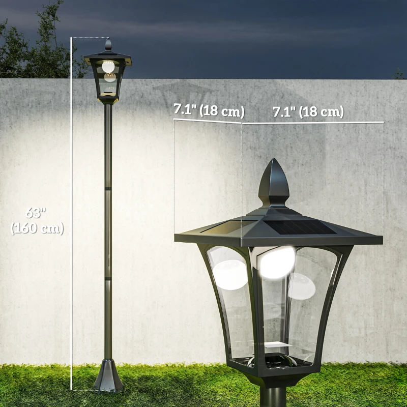 Outsunny 63" Single Solar Lamp Post, 40 Lumens Garden Solar-Powered LED Streetlight Style Outdoor Light Waterproof 5-6 Hours with Base for Lawn Pathway Walkway, Black