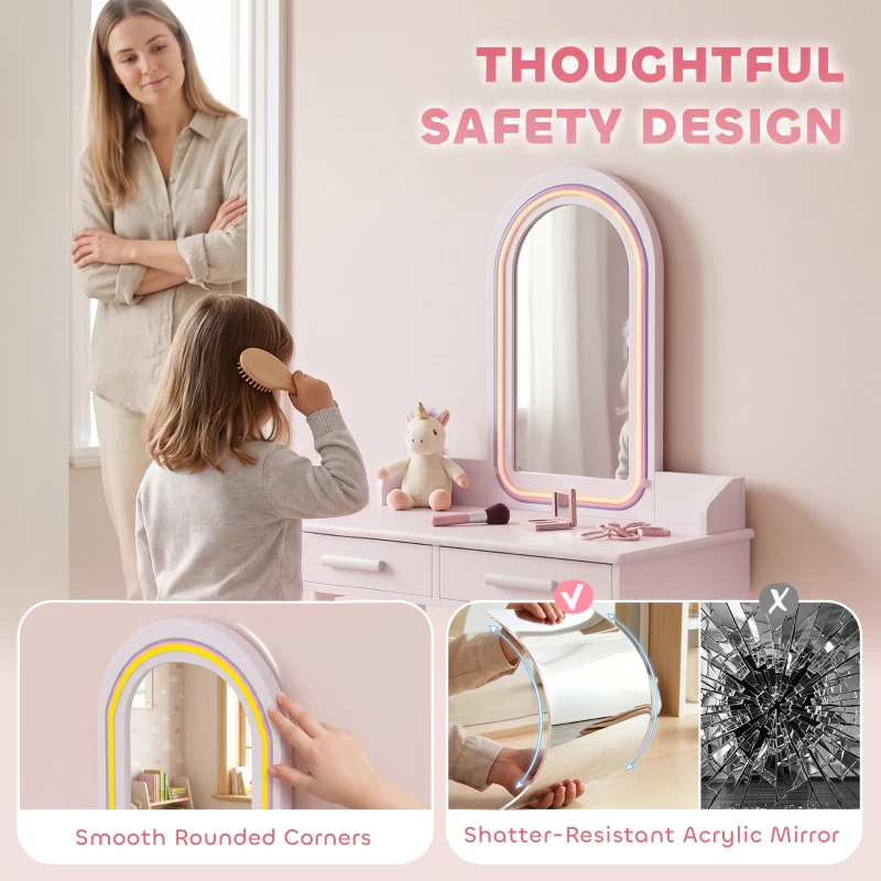 Qaba Kids Dressing Table, Girls Vanity Set with Stool, 3-Colour LED Lights Mirror, Large Drawer for Ages 3-8, Pink