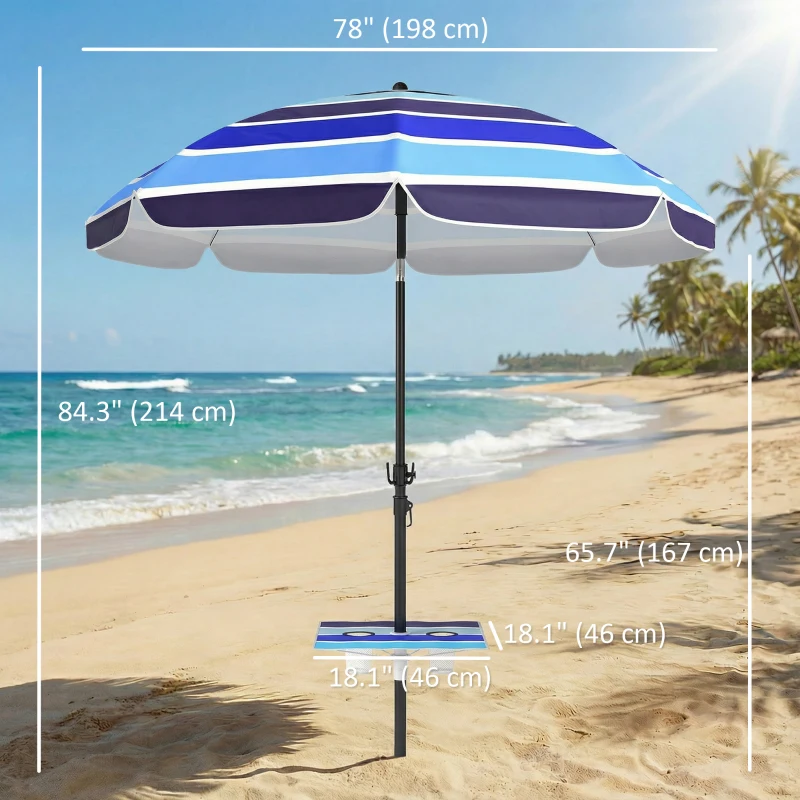 Outsunny Beach Umbrella Adjustable Tilt Sunshade with Foldable Table Cup Holder 78" Multicolor