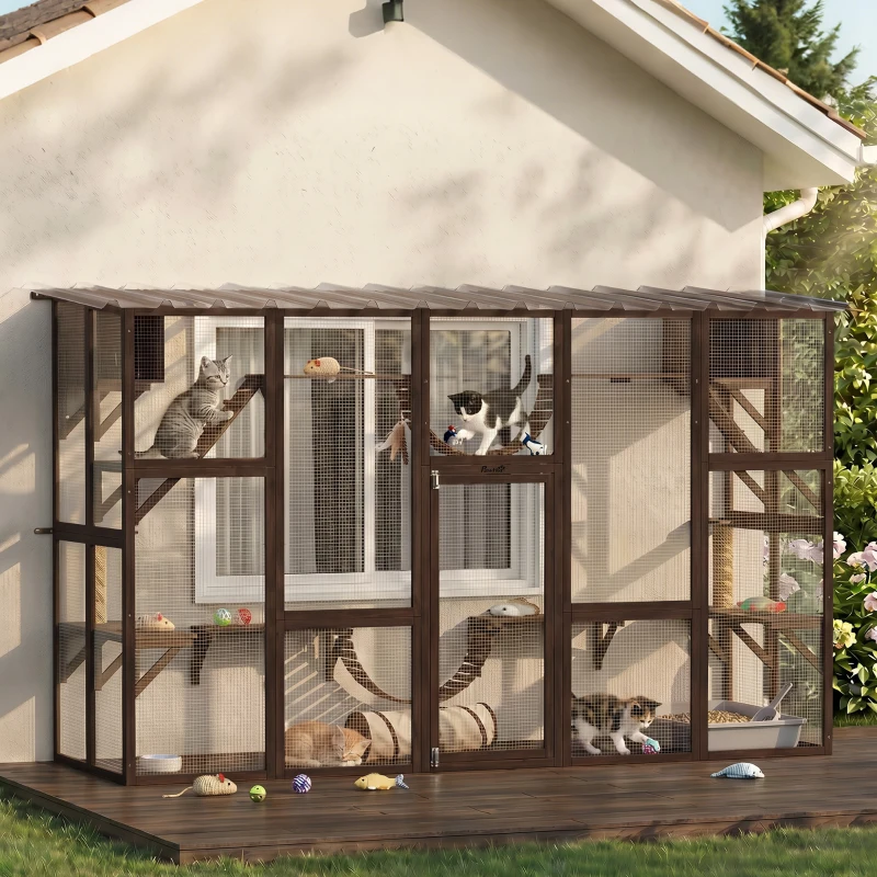 PawHut Catio Playground Cat Window Box Outside Enclosure for Multiple Cats w/ Shelves & Bridges, Coffee Brown
