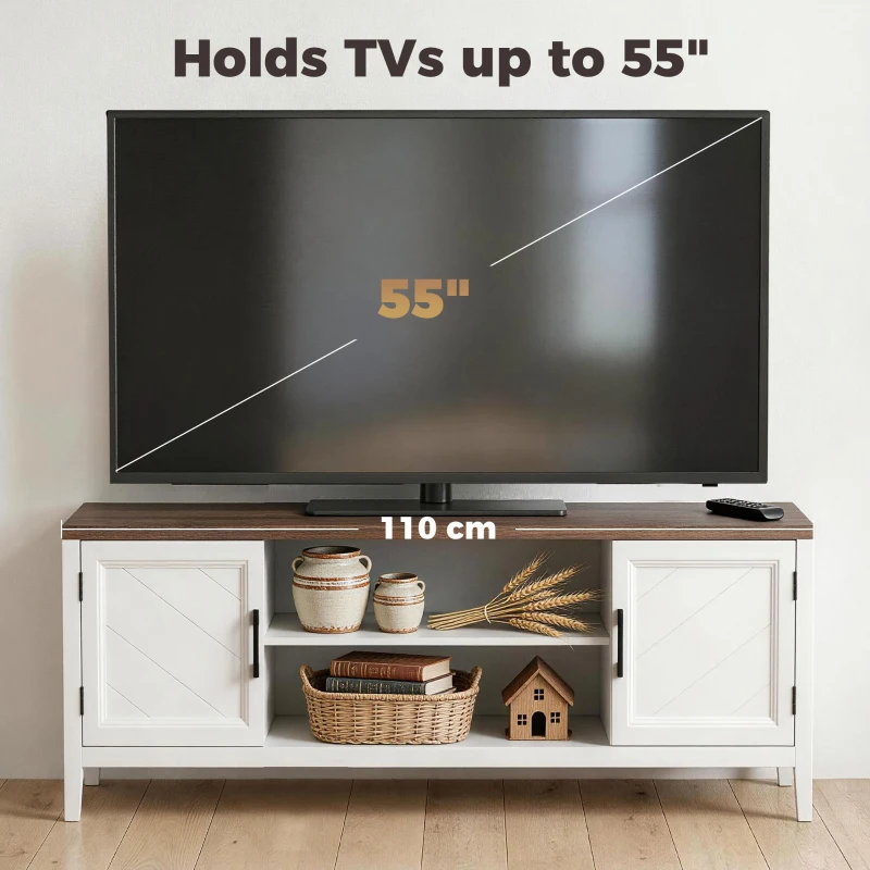 HOMCOM TV Stand for TVs up to 55 Inch, Entertainment Center with 2 Open Shelves, 2 Cabinets, Thick Top, White and Brown