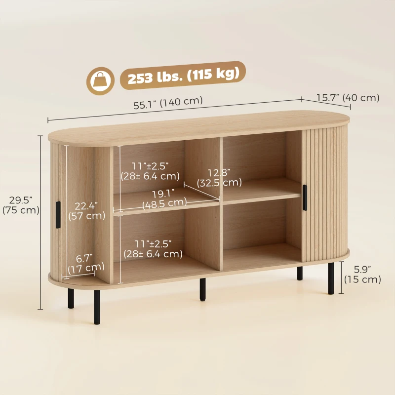 HOMCOM Fluted Sideboard Buffet Cabinet, 55" Mid Century Coffee Bar Cabinet with Sliding Doors and Adjustable Shelves, Natural