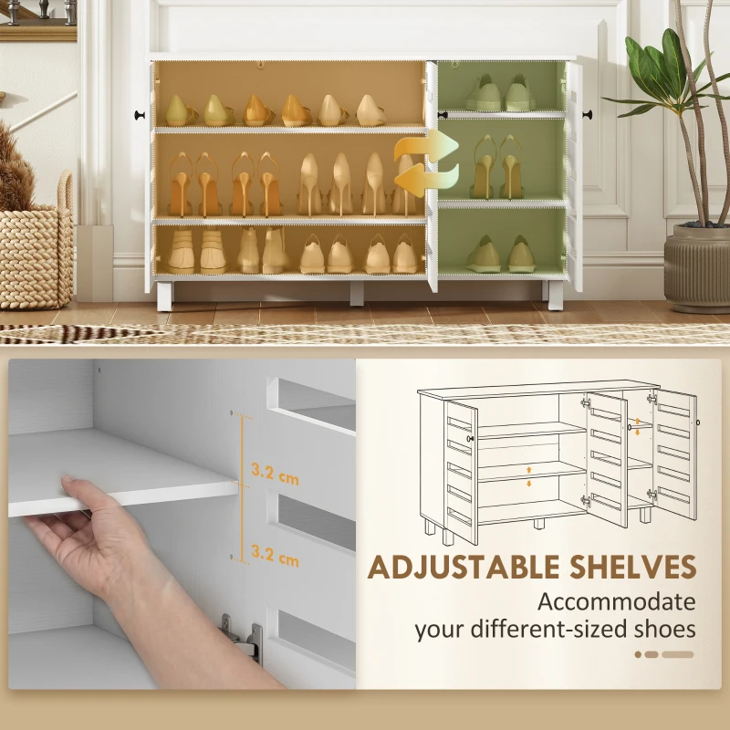 HOMCOM Shoe Cabinet with 3 Slatted Doors, 3-tier Shelving Rack Cabinet with Adjustable Shelves for 15 Pairs of Shoes, White