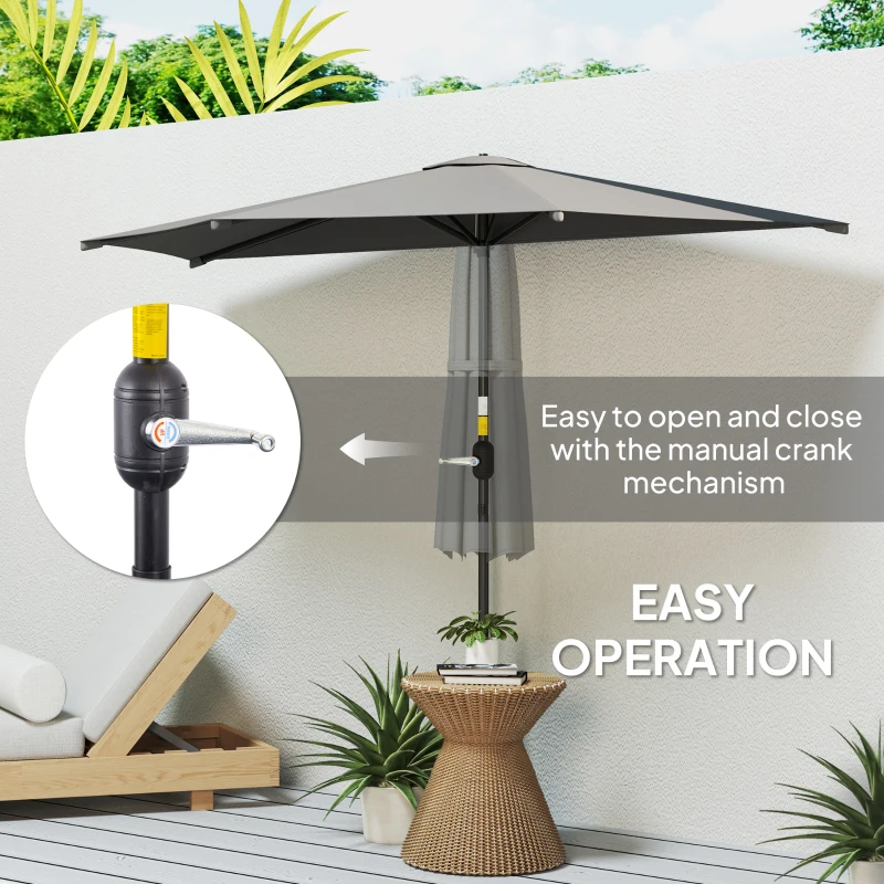 Outsunny 9.8ft Half Umbrella Semi Round Patio Parasol with Crank Handle, Top Vent for Garden, Balcony- NO BASE INCLUDED Dark Grey