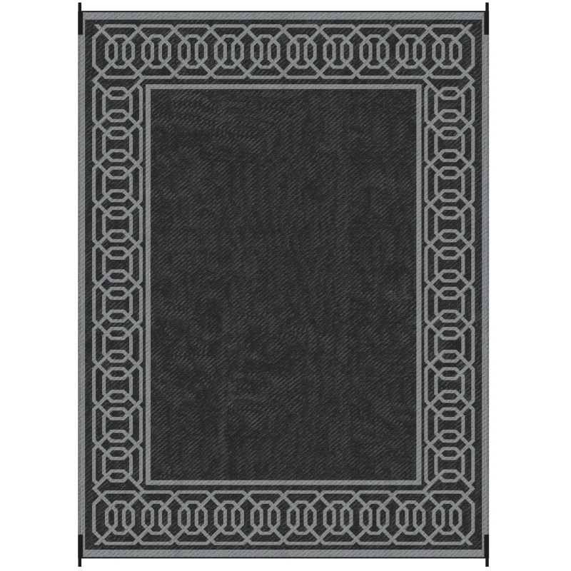 Outsunny Outdoor Rug for Patio, 9' x 12' Waterproof Large Mat, Reversible Plastic Straw Rug for Decor, Portable Outside RV Camping Area Carpet Mat for Backyard Porch Deck Picnic, Black & Gray Border