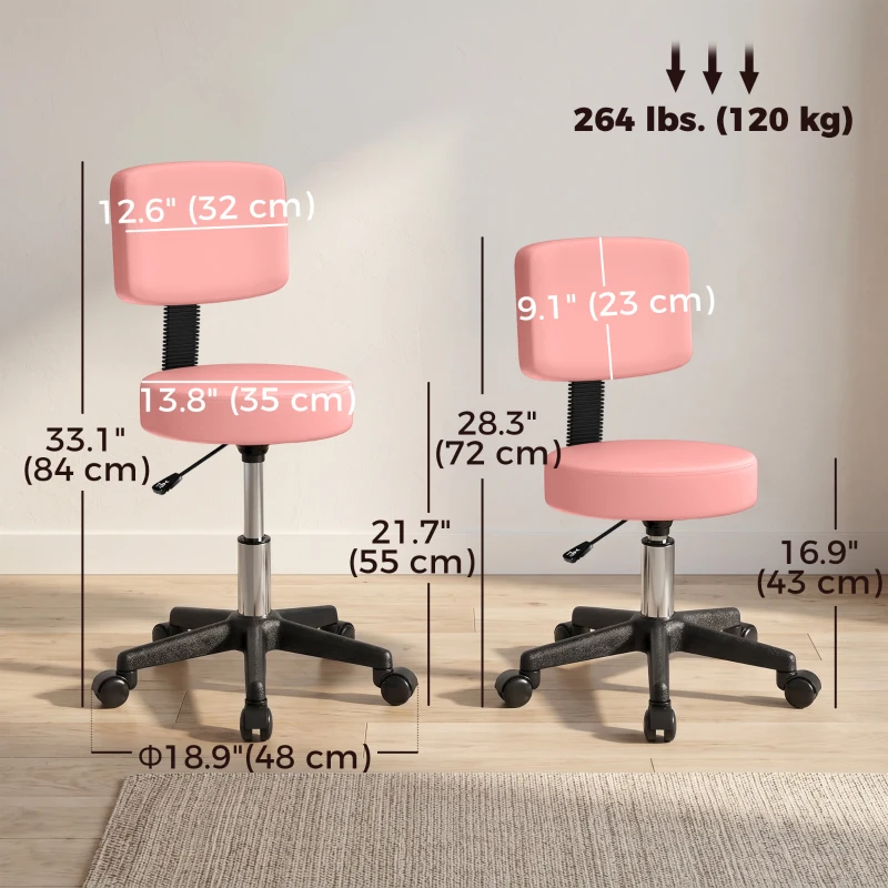 HOMCOM Rolling Stool with Wheels, Swivel Stool with Back Support, Adjustable Height, PU Leather Swivel Chair, Pink