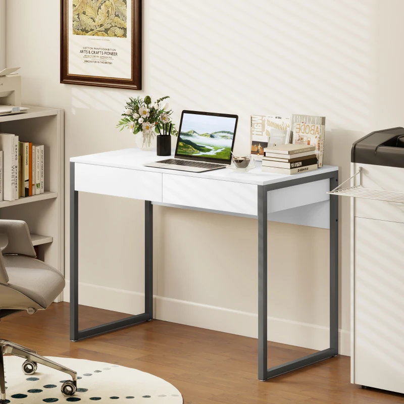HOMCOM High Gloss Home Office Desk, 39" x 20" Computer Desk with 2 Drawers for Small Spaces, White and Grey
