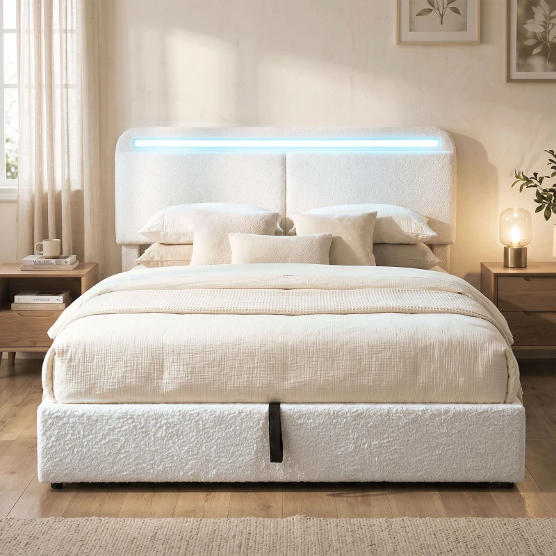 HOMCOM Queen Size Bed Frame with Charging Station, LED Lights, Adjustable Headboard, Upholstered Platform Bed Frame White