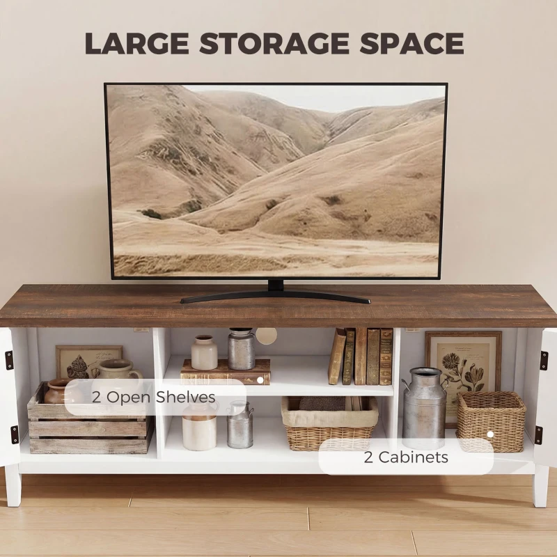 HOMCOM TV Stand for TVs up to 65 Inch, Entertainment Center with 2 Open Shelves, 2 Cabinets, Thick Top, White and Brown