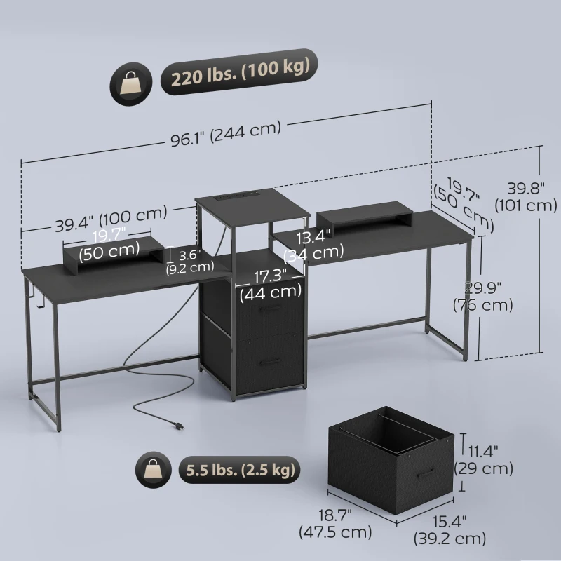 HOMCOM 96 Inch Gaming Desk, Dual Computer Desk for 2 Person with Power Outlets and Monitor Stands, Black