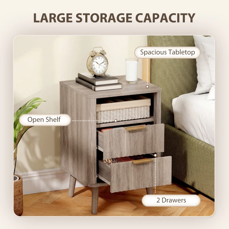HOMCOM Nightstands Set of 2, Modern Bedside Tables with Charging Station, 2 Drawers and Open Shelf, Grey