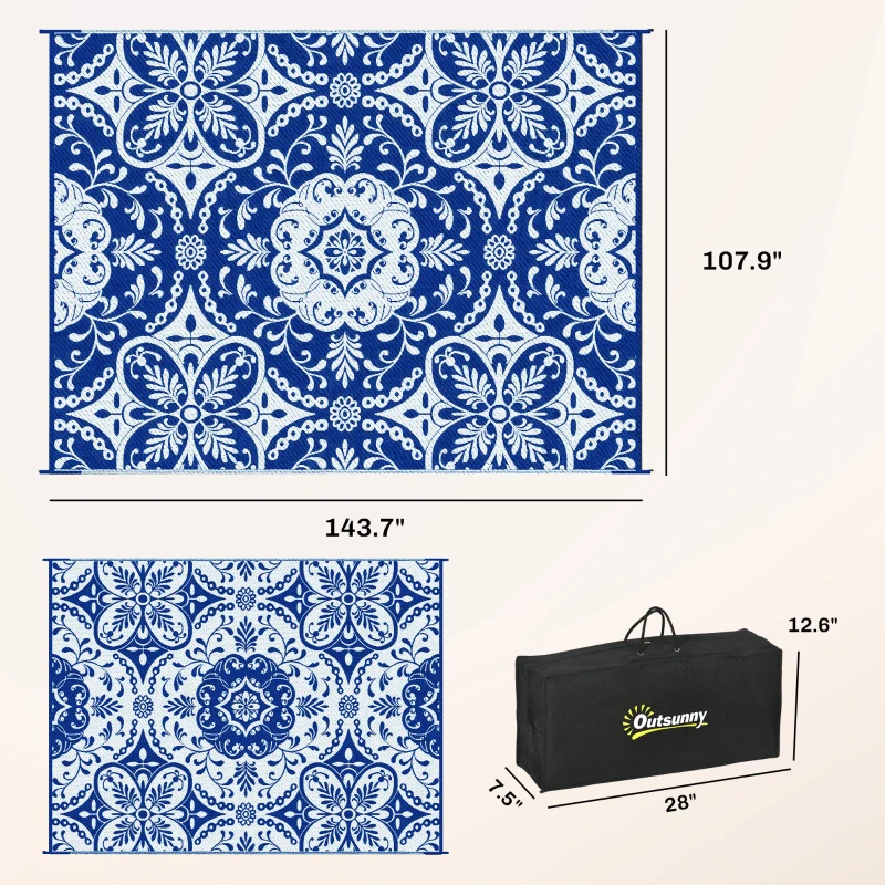 Outsunny Outdoor Rug for Patio, 9' x 12' Waterproof Large Mat, Reversible Plastic Straw Rug for Decor, Portable Outside RV Camping Area Carpet Mat for Backyard Porch Deck Picnic, Blue & White Floral
