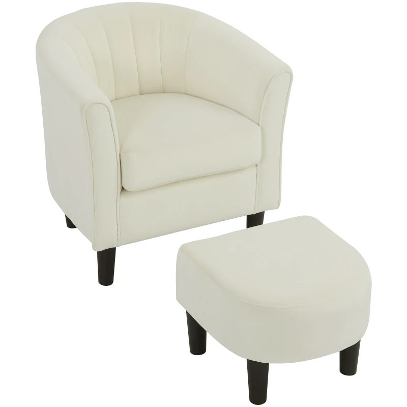 HOMCOM Accent Chair Modern Upholstered Living Room Chair with Ottoman and Pocket Spring Cushion Cream White