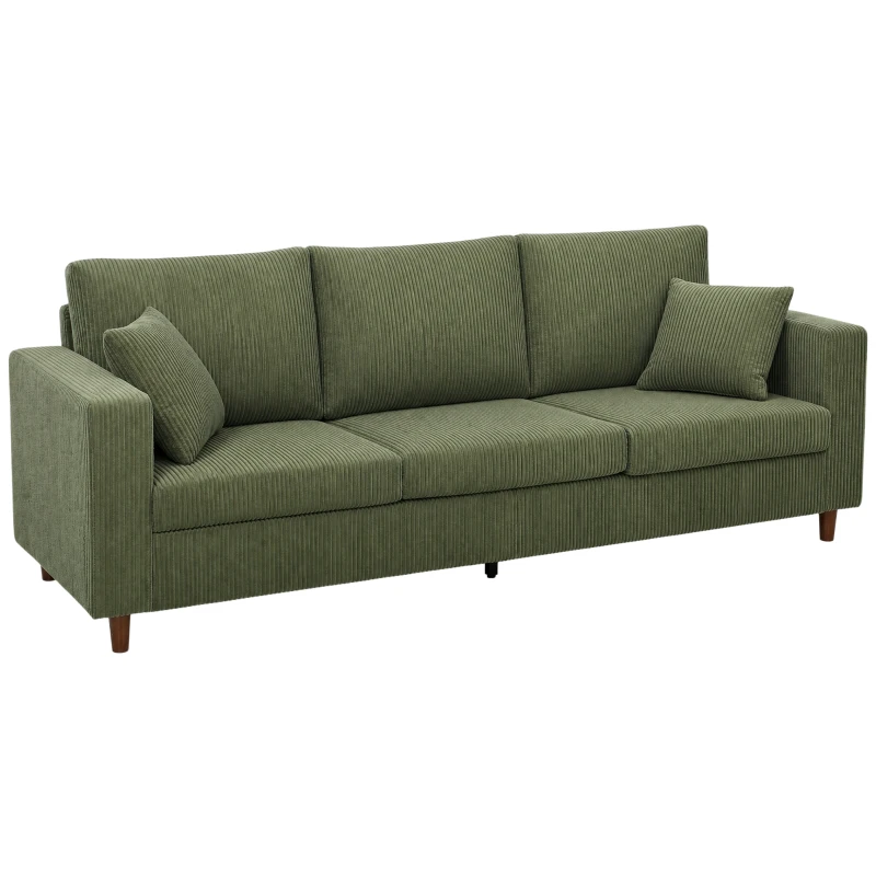 HOMCOM 3 Seater Sofa with Wide Seat, Corduroy Couch with Deep Seat, Spring Cushion, Green