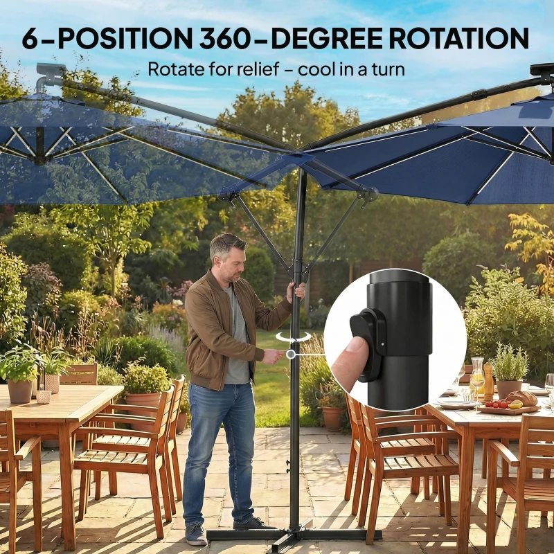 Outsunny 10 ft Offset Patio Umbrella with Solar Light, Garden Hanging Parasol with 360° Rotation, Tilt, Cover, Navy Blue