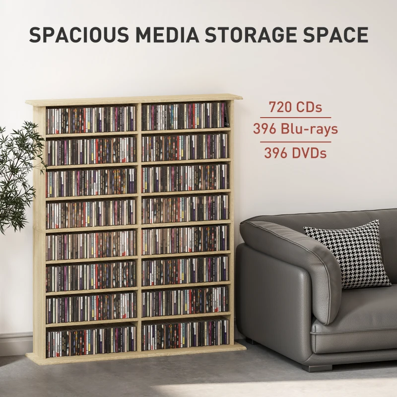 HOMCOM 8-Tier DVD Shelf with 12 Adjustable Shelves, Double CD Shelf, Holds 720 CDs, 396 DVDs or 396 Blu-rays, Natural Wood