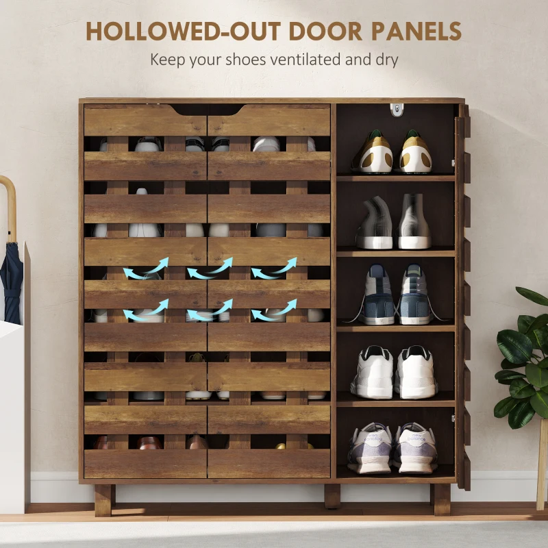 HOMCOM Shoe Cabinet, 17-20 Pairs Shoe Storage Cabinet with Hollowed-Out Doors, Distressed Brown