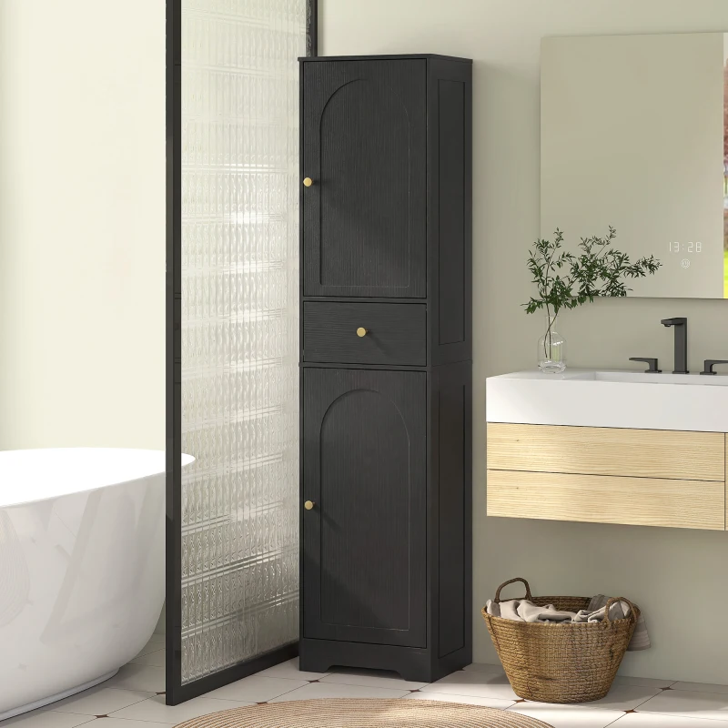HOMCOM 67" Tall Bathroom Cabinet, Slim Bathroom Storage Cabinet with 2 Doors, Drawer and Adjustable Shelf, Black Wood Grain