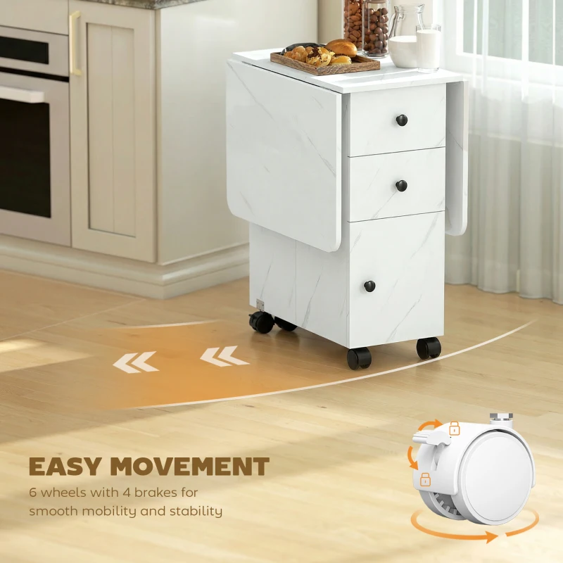 HOMCOM Drop Leaf Dining Table, Mobile Folding Table on Wheels with Drawers and Cabinet for Dining Room, Kitchen, Marble White