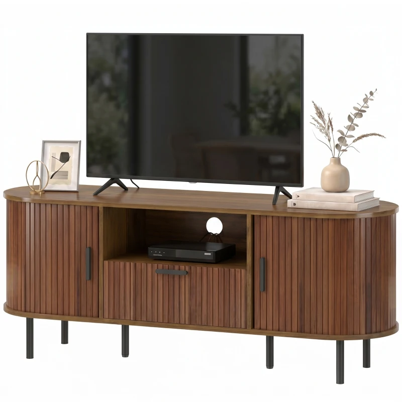 HOMCOM TV Stand for TVs up to 60", Modern Entertainment Center with Curved Sliding Doors and Storage, Brown
