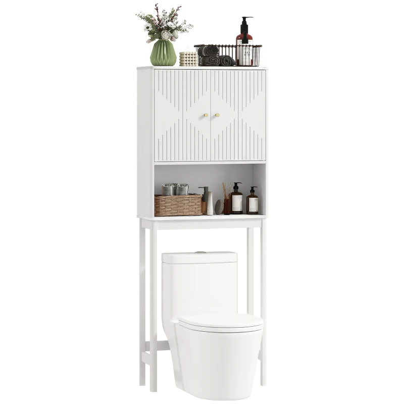 HOMCOM Over The Toilet Storage Cabinet with Adjustable Shelf, Open Shelf and Adjustable Bottom Bar, White