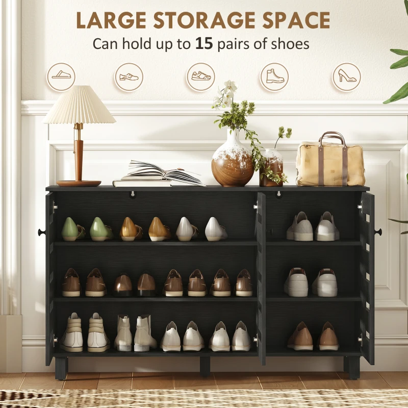 HOMCOM Shoe Cabinet with 3 Slatted Doors, 3-tier Shelving Rack Cabinet with Adjustable Shelves for 15 Pairs of Shoes, Black