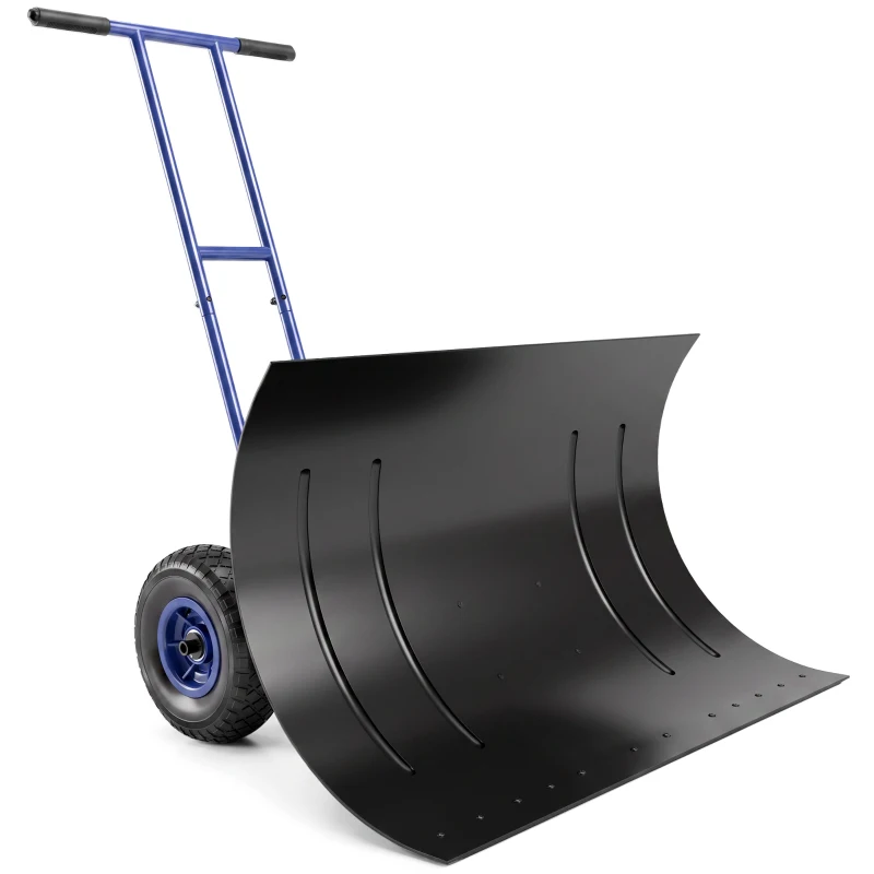 Outsunny Snow Shovel with Wheels, 29" Metal Snow Pusher with Adjustable Handle, 7-Angle Blade, Wear Strip for Driveway, Blue