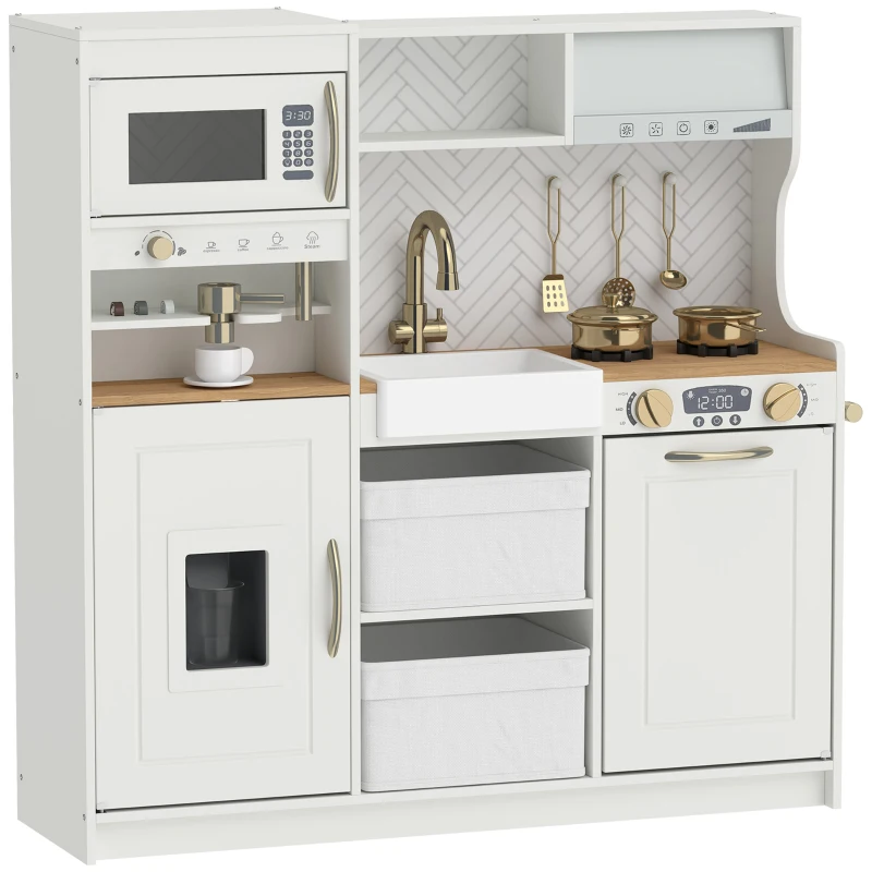 Qaba Play Kitchen, Kids Kitchen Playset with Coffee Machine, Ice Maker, Microwave, Oven, Storage, Gift for Toddlers 3+, White