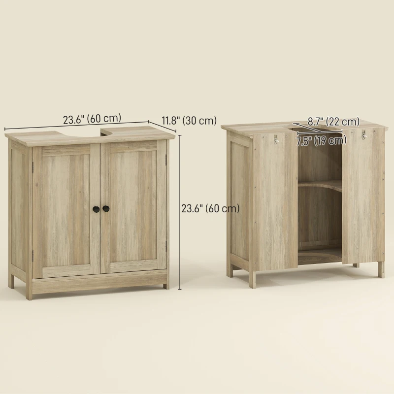 HOMCOM Bathroom Vanity, 24" Pedestal Sink Bathroom Vanity Furniture with 2 Doors and Shelf, Grey Wood Grain