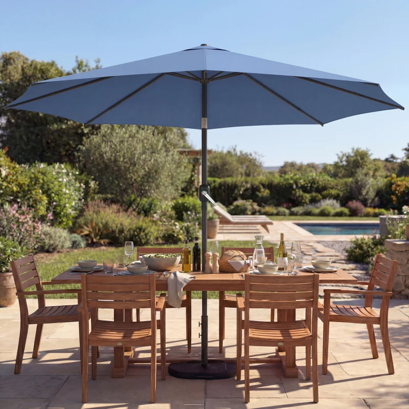 Outsunny 10' x 10' Round Market Umbrella with Base and Sandbag, Patio Umbrella with Crank Handle and Tilt, Blue