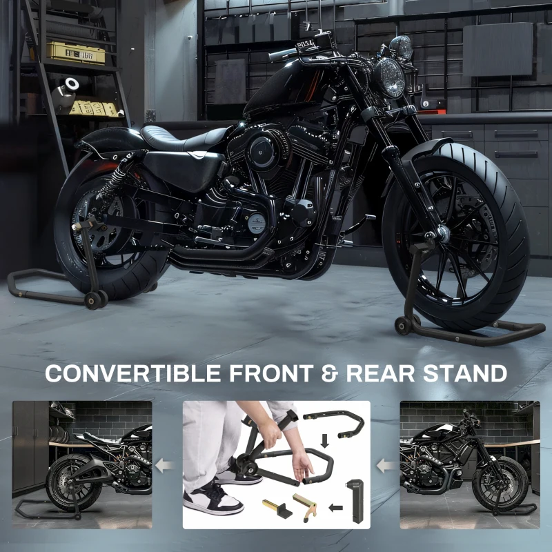HOMCOM Convertible Motorcycle Stand, Front & Rear Motorcycle Lift with 3 Types of Adaptors, Universal Paddock Lift Stand, Black