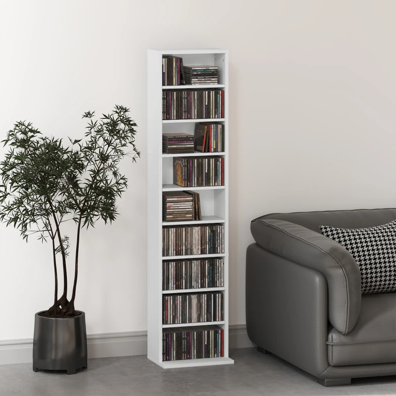 HOMCOM Media Storage Cabinet, 9-Tier Tall Narrow DVD Shelf with 6 Adjustable Shelves, White
