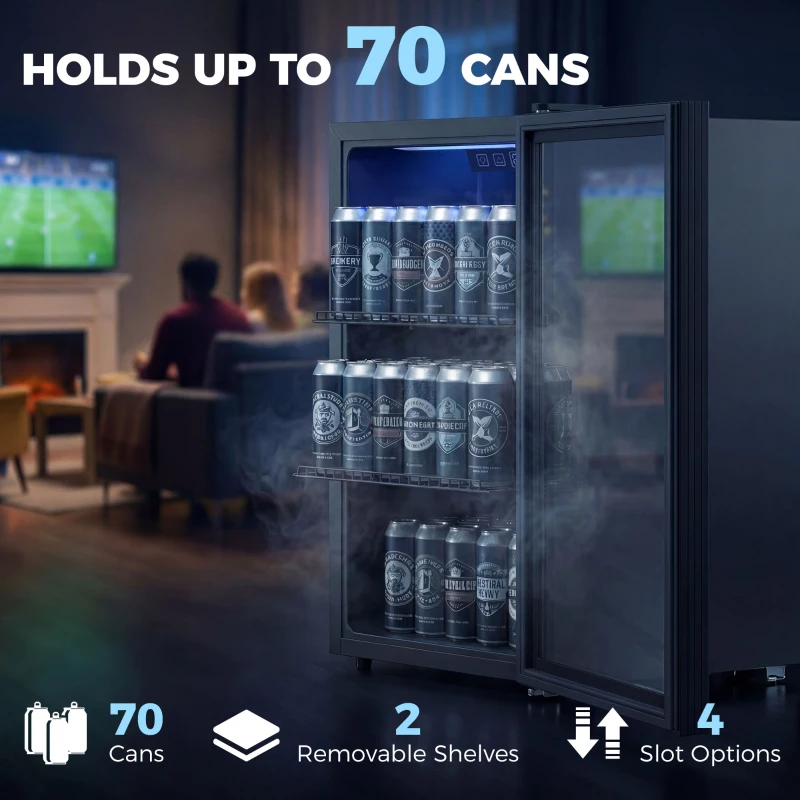 HOMCOM 2.4 Cu.Ft Beverage Refrigerator, 70 Can Beverage Fridge Cooler with Double-Layer Glass Door