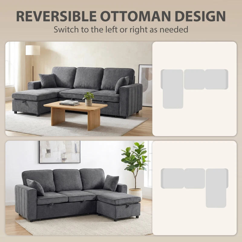 HOMCOM Modular Sectional Sofa Bed with Reversible Storage Ottoman, Pull Out Sleeper Sofa with Spring Cushion, Dark Grey