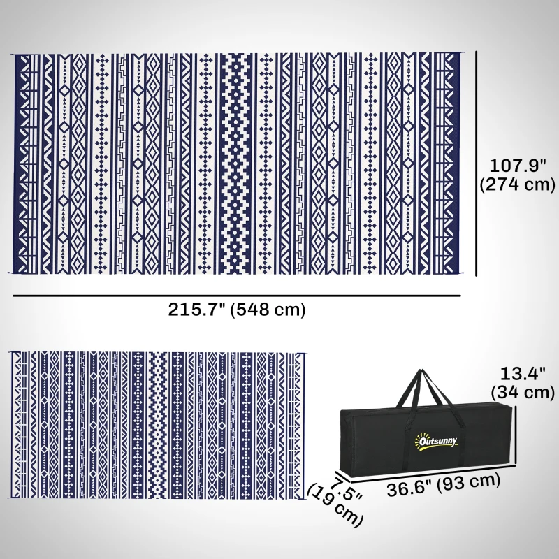 Outsunny 9' x 18' Outdoor RV Rug, Reversible Patio Floor Mat with Carry Bag, Geometric Wall, Blue and White