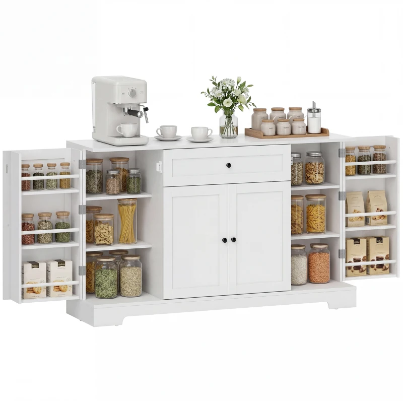 HOMCOM 55" Modern Kitchen Storage Cabinet with Drawer, Adjustable Shelves, Small Kitchen Pantry with Door Racks, White