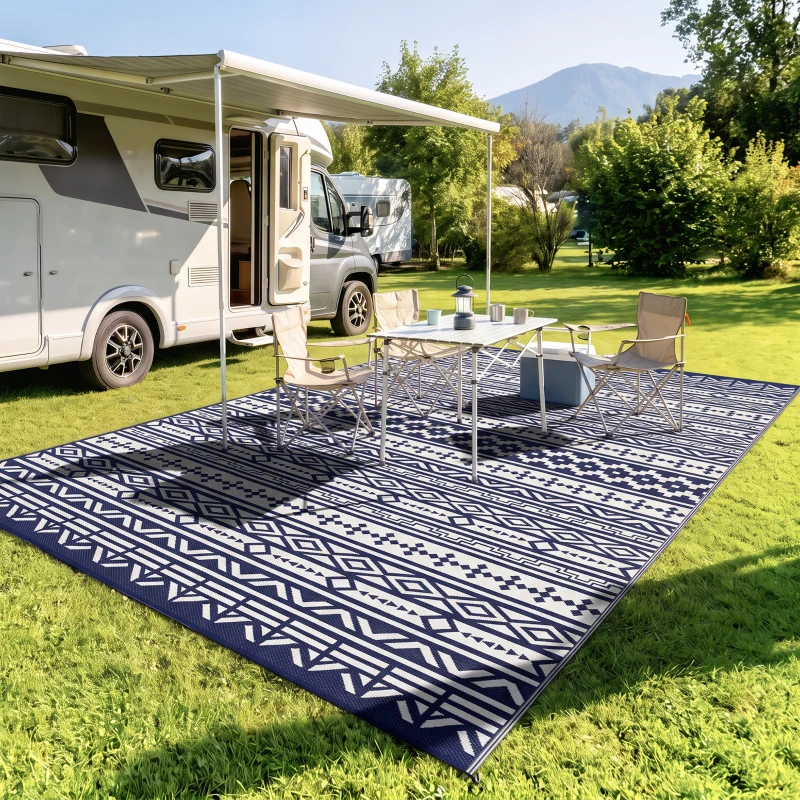 Outsunny Reversible Outdoor Rug, Waterproof Plastic Straw with Carry Bag, 9' x 18', Blue & White Geometric Wall