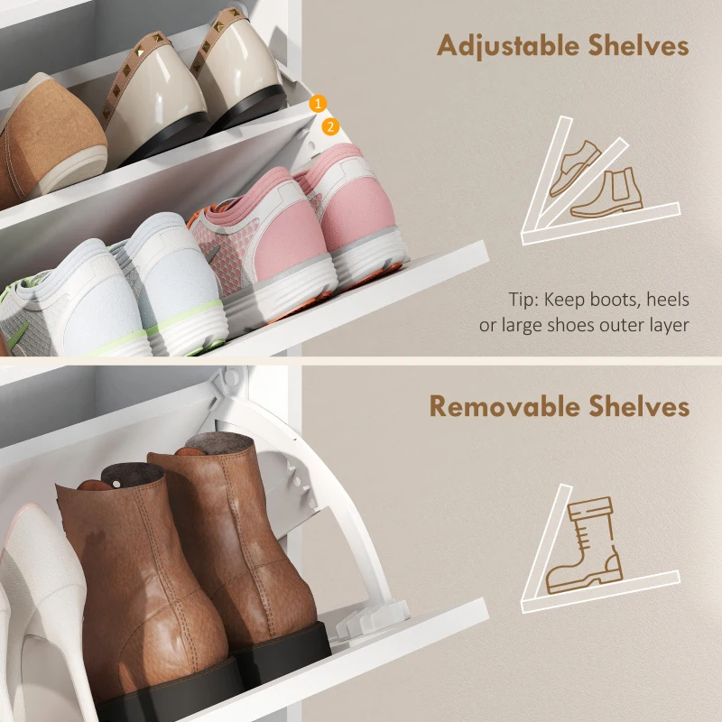 HOMCOM Shoe Storage Cabinet with 2 Flip Drawers, Farmhouse Narrow Shoe Cabinet, Holds Up to 16 Pairs, White