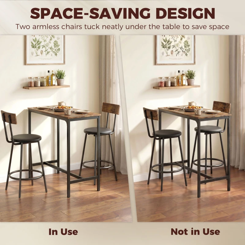 HOMCOM Bar Table Set Counter Height Barstools Set of 2 PU Cushioned Seats Rustic Brown