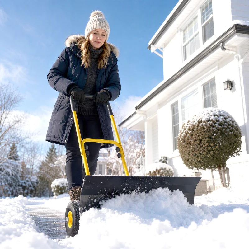 Outsunny Snow Shovel with Wheels, 29" x 16.5" Metal Snow Pusher with Adjustable Handle, 5-Angle Blade for Driveway, Yellow