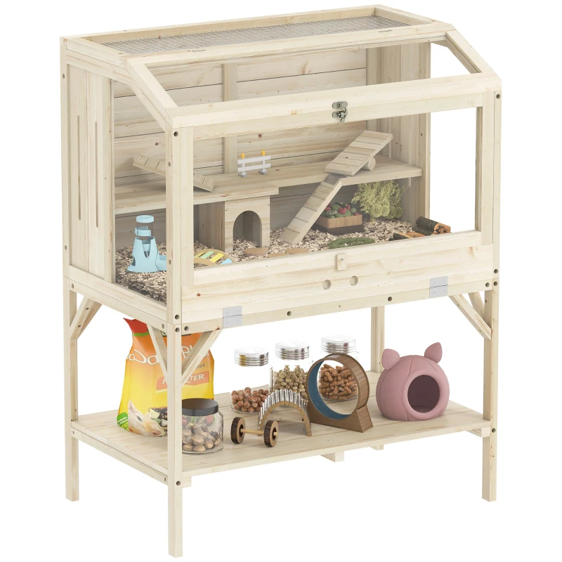 PawHut Wooden Hamster Cage with Openable Top, Water Bottle, Transparent Panels for Syrian, Dwarf Hamsters and Gerbils, Natural